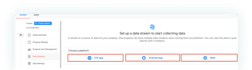 Screenshot illustrating the process of selecting a platform for GA4 (Google Analytics 4) property setup